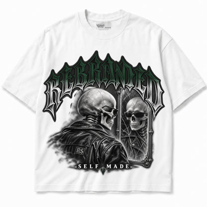 Rebranded Studios Self Made Air Jordan 14 Forest Green Graphic T-Shirt — garment front; corrected REBRANDED headline