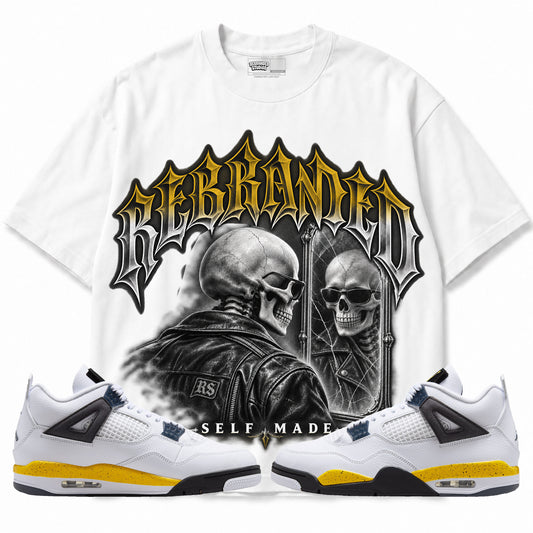 Rebranded Studios Self Made Air Jordan 4 Tour Yellow Graphic T-Shirt — front with sneakers; corrected REBRANDED headline