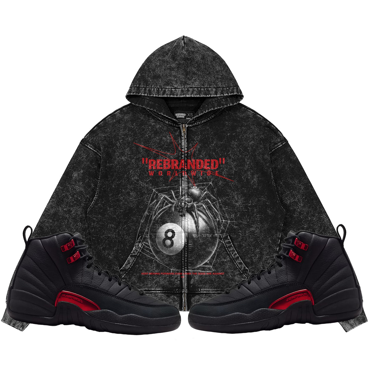 Rebranded Spider (Air Jordan 12 Bloodline) 440GSM Heavyweight Vintage Snow Wash Zip Up Hoodie