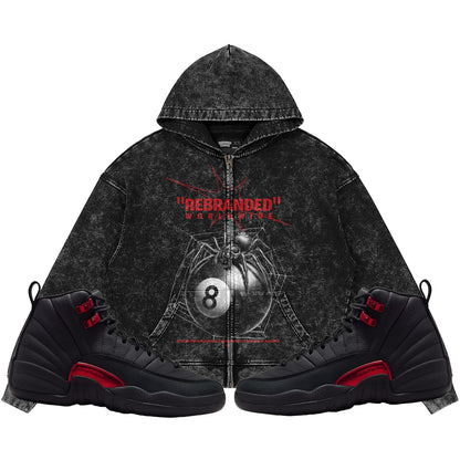 Rebranded Spider (Air Jordan 12 Bloodline) 440GSM Heavyweight Vintage Snow Wash Zip Up Hoodie