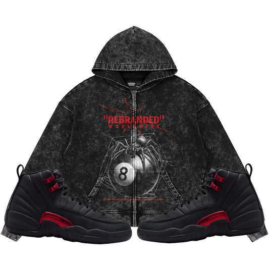 Rebranded Spider (Air Jordan 12 Bloodline) 440GSM Heavyweight Vintage Snow Wash Zip Up Hoodie