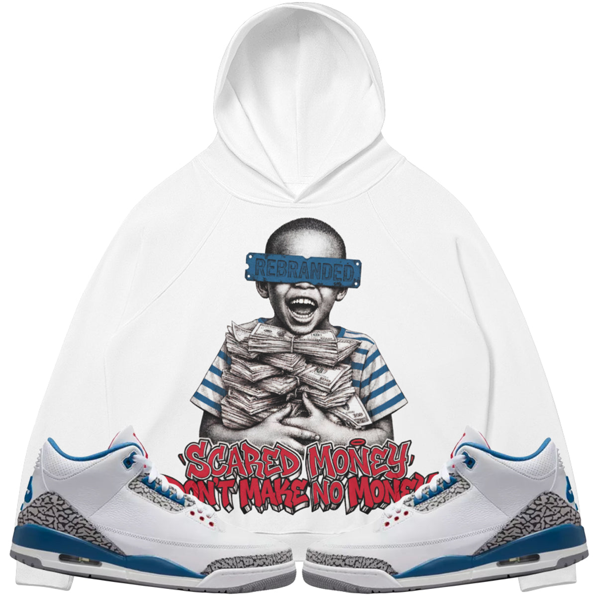 Scared Money Don't Make No Money (Air Jordan 3 True Blue) 380 GSM Brushed Fleece Hoodie