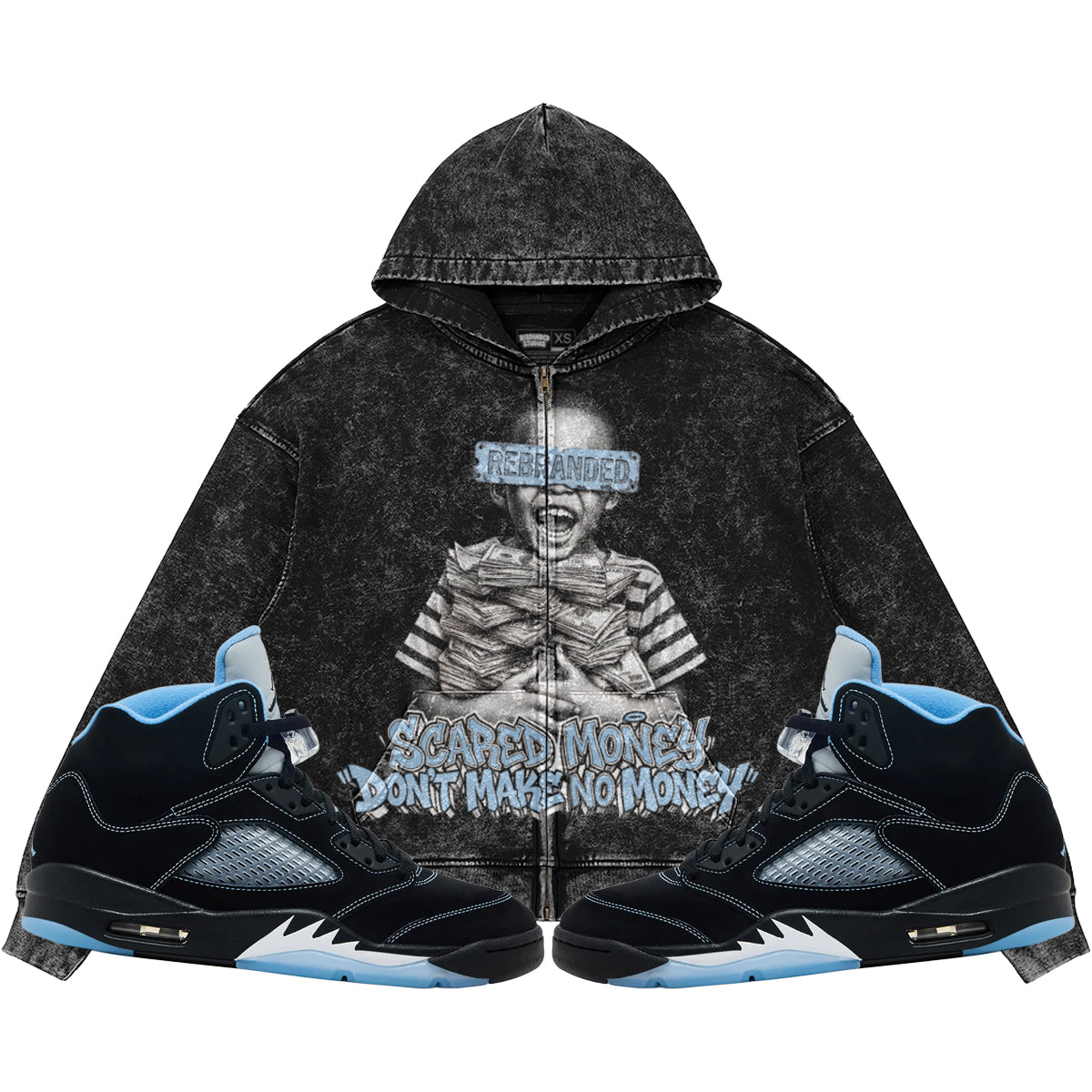 Scared Money Don't Make No Money (Air Jordan 5 Black Carolina UNC) 440GSM Heavyweight Vintage Snow Wash Zip Up Hoodie