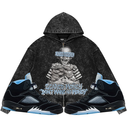 Scared Money Don't Make No Money (Air Jordan 5 Black Carolina UNC) 440GSM Heavyweight Vintage Snow Wash Zip Up Hoodie