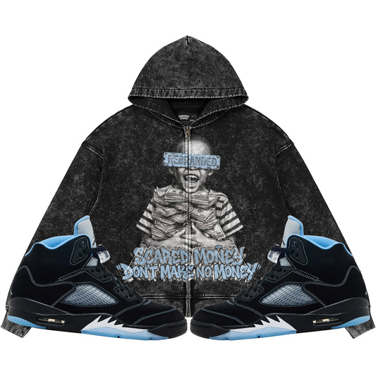 Scared Money Don't Make No Money (Air Jordan 5 Black Carolina UNC) 440GSM Heavyweight Vintage Snow Wash Zip Up Hoodie