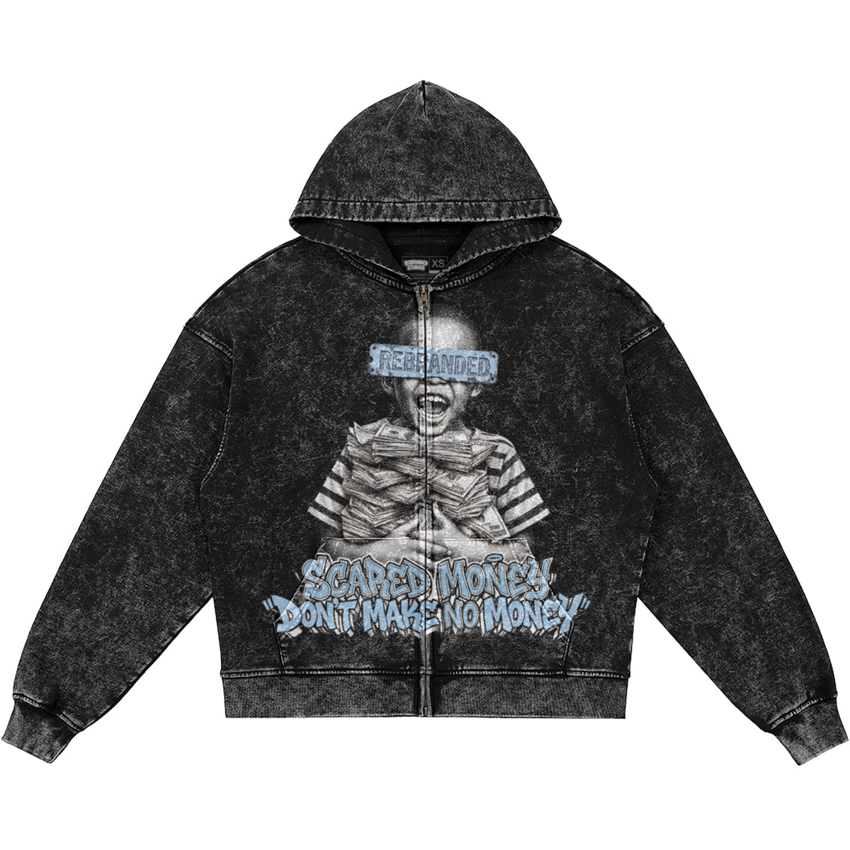 Scared Money Don't Make No Money (Air Jordan 5 Black Carolina UNC) 440GSM Heavyweight Vintage Snow Wash Zip Up Hoodie