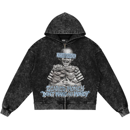 Scared Money Don't Make No Money (Air Jordan 5 Black Carolina UNC) 440GSM Heavyweight Vintage Snow Wash Zip Up Hoodie