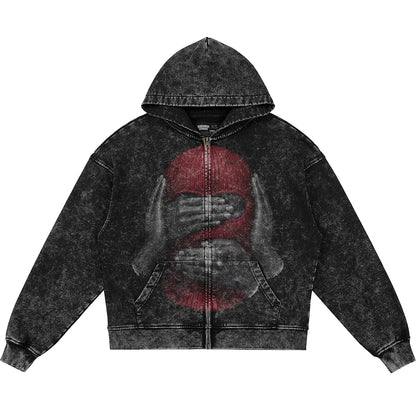 See No Evil (Air Jordan 12 Bloodline) 440GSM Heavyweight Vintage Snow Wash Zip Up Hoodie