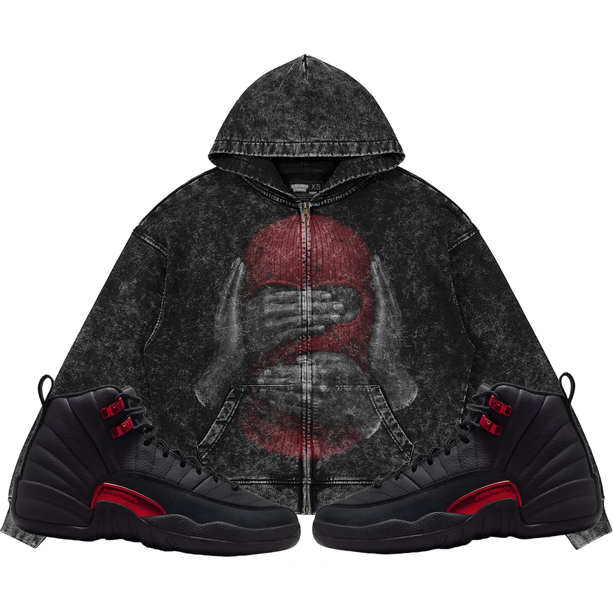 See No Evil (Air Jordan 12 Bloodline) 440GSM Heavyweight Vintage Snow Wash Zip Up Hoodie