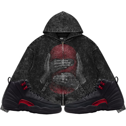 See No Evil (Air Jordan 12 Bloodline) 440GSM Heavyweight Vintage Snow Wash Zip Up Hoodie