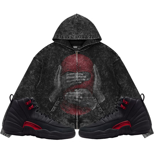 See No Evil (Air Jordan 12 Bloodline) 440GSM Heavyweight Vintage Snow Wash Zip Up Hoodie