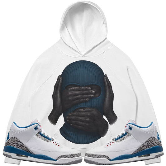 See No Evil (Air Jordan 3 True Blue) 380 GSM Brushed Fleece Hoodie
