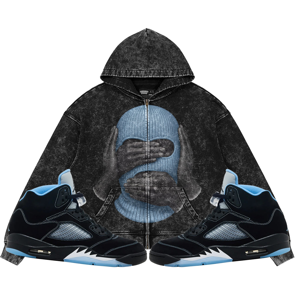 See No Evil (Air Jordan 5 Black Carolina UNC) 440GSM Heavyweight Vintage Snow Wash Zip Up Hoodie