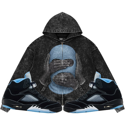 See No Evil (Air Jordan 5 Black Carolina UNC) 440GSM Heavyweight Vintage Snow Wash Zip Up Hoodie