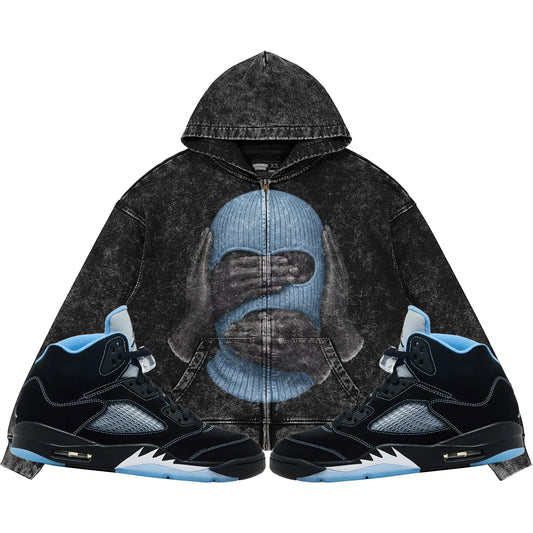 See No Evil (Air Jordan 5 Black Carolina UNC) 440GSM Heavyweight Vintage Snow Wash Zip Up Hoodie