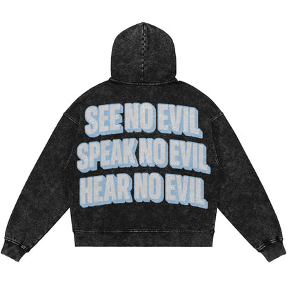 See No Evil (Air Jordan 5 Black Carolina UNC) 440GSM Heavyweight Vintage Snow Wash Zip Up Hoodie