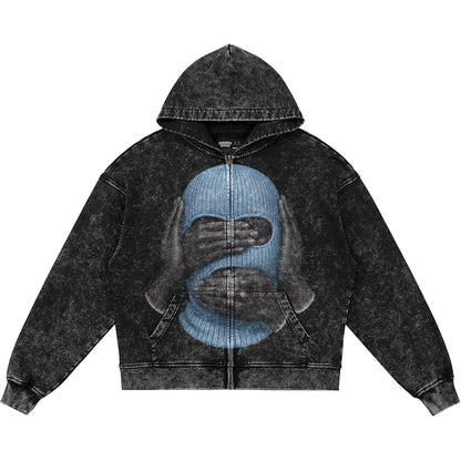 See No Evil (Air Jordan 5 Black Carolina UNC) 440GSM Heavyweight Vintage Snow Wash Zip Up Hoodie