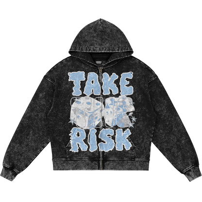 Take The Risk (Air Jordan 5 Black Carolina UNC) 440GSM Heavyweight Vintage Snow Wash Zip Up Hoodie