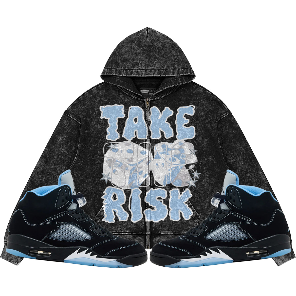 Take The Risk (Air Jordan 5 Black Carolina UNC) 440GSM Heavyweight Vintage Snow Wash Zip Up Hoodie