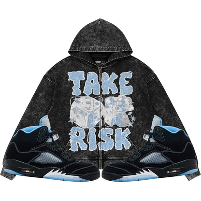 Take The Risk (Air Jordan 5 Black Carolina UNC) 440GSM Heavyweight Vintage Snow Wash Zip Up Hoodie