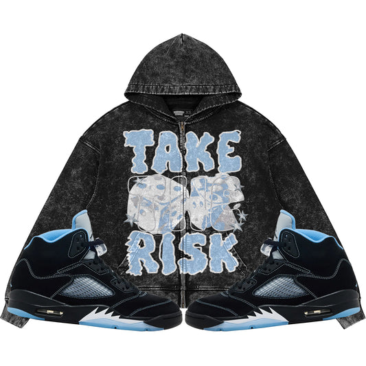 Take The Risk (Air Jordan 5 Black Carolina UNC) 440GSM Heavyweight Vintage Snow Wash Zip Up Hoodie