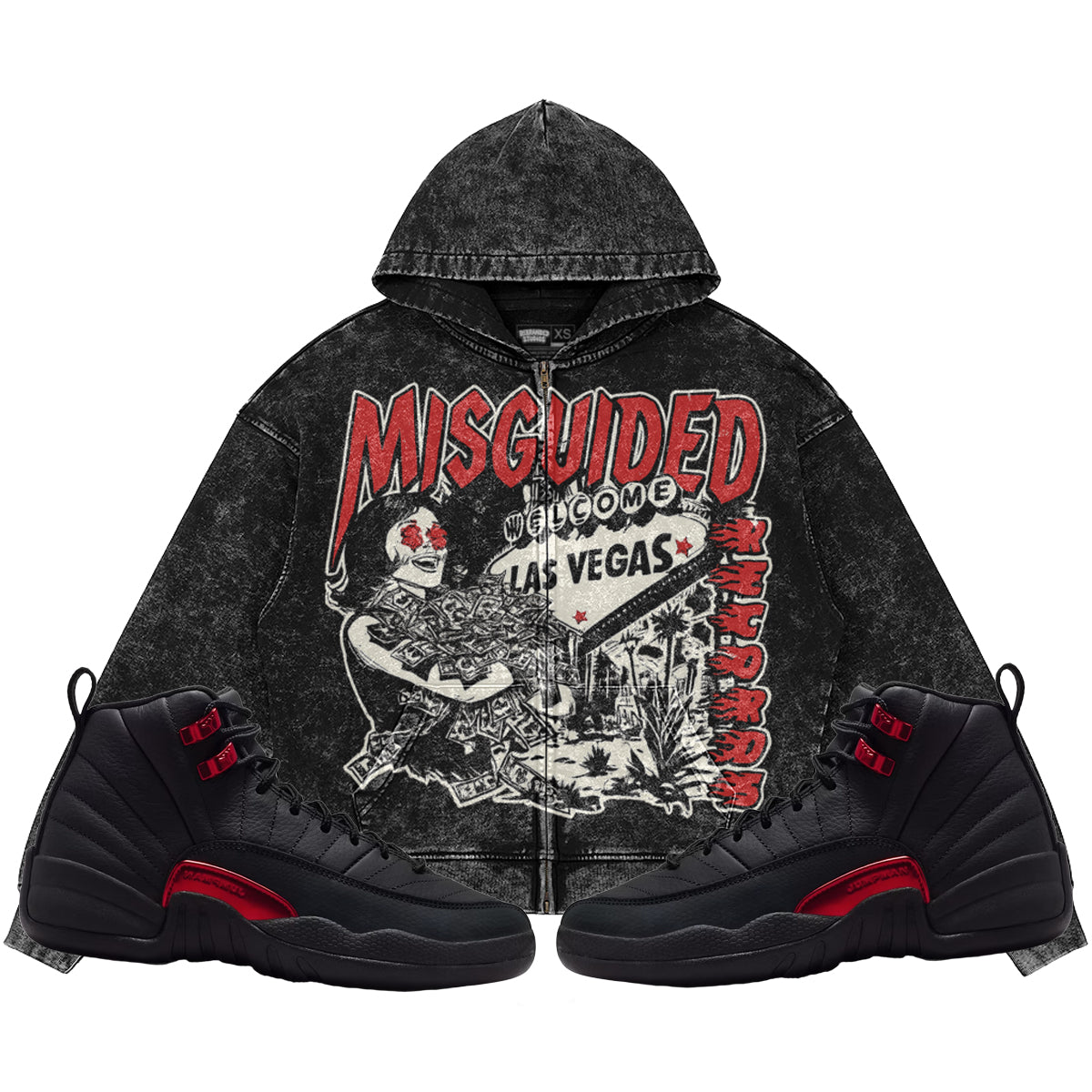 Rebranded Studios Records (Air Jordan 12 Bloodline) 440GSM Heavyweight Vintage Snow Wash Zip Up Hoodie