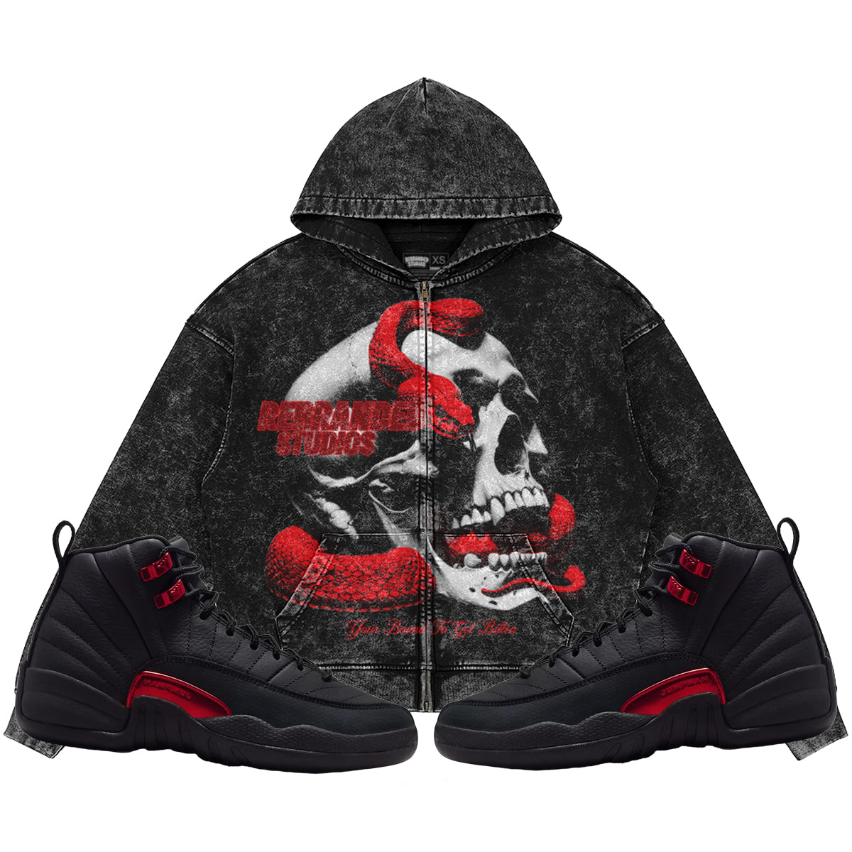 Your Bound To Get Bitten (Air Jordan 12 Bloodline) 440GSM Heavyweight Vintage Snow Wash Zip Up Hoodie