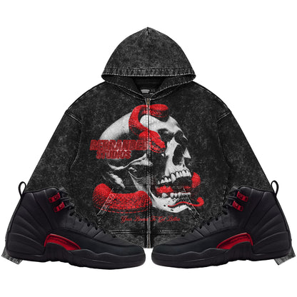 Your Bound To Get Bitten (Air Jordan 12 Bloodline) 440GSM Heavyweight Vintage Snow Wash Zip Up Hoodie