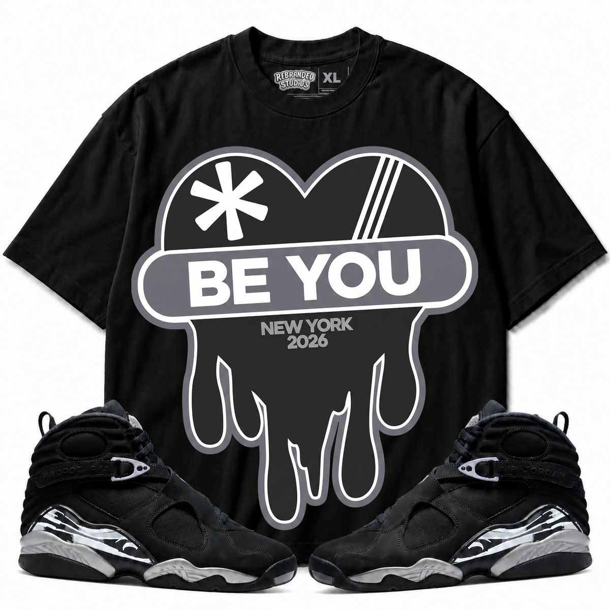 Rebranded Studios Be You Air Jordan 8 Chrome Graphic T-Shirt - front view with Air Jordan 8 Chrome sneakers