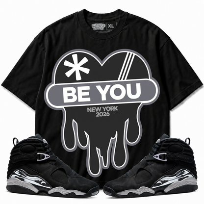 Rebranded Studios Be You Air Jordan 8 Chrome Graphic T-Shirt - front view with Air Jordan 8 Chrome sneakers