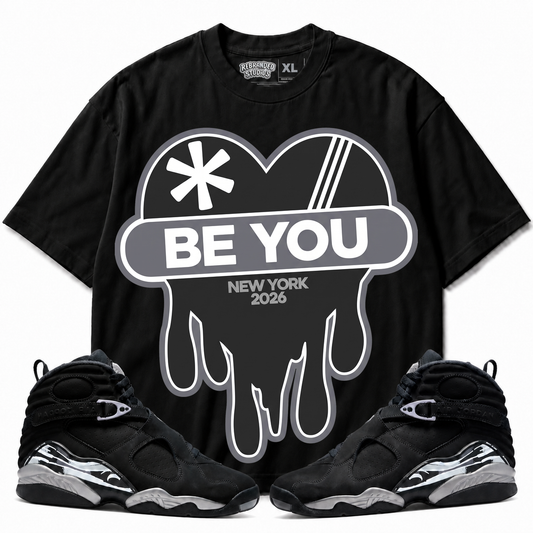 Rebranded Studios Be You Air Jordan 8 Chrome Graphic T-Shirt - front view with Air Jordan 8 Chrome sneakers