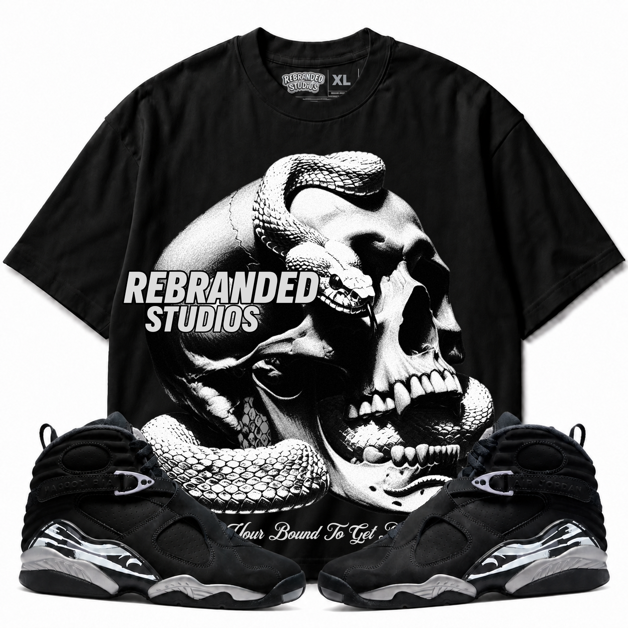 Rebranded Studios Bound To Get Bitten Air Jordan 8 Chrome Graphic T-Shirt with matching sneakers