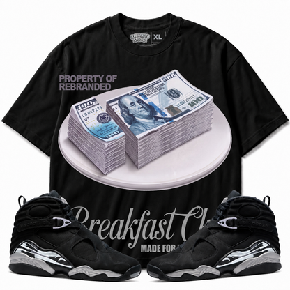 Rebranded Studios Breakfast Club Air Jordan 8 Chrome Graphic T-Shirt - front view with Air Jordan 8 Chrome sneakers