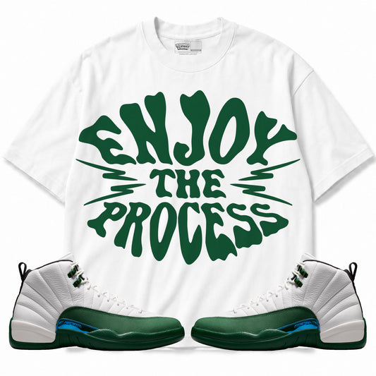 Rebranded Studios Enjoy The Process Air Jordan 12 Bucks Graphic T-Shirt with matching sneakers