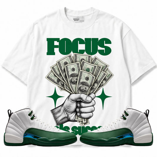 Rebranded Studios Focus Fuels Success Air Jordan 12 Bucks Graphic T-Shirt with matching sneakers