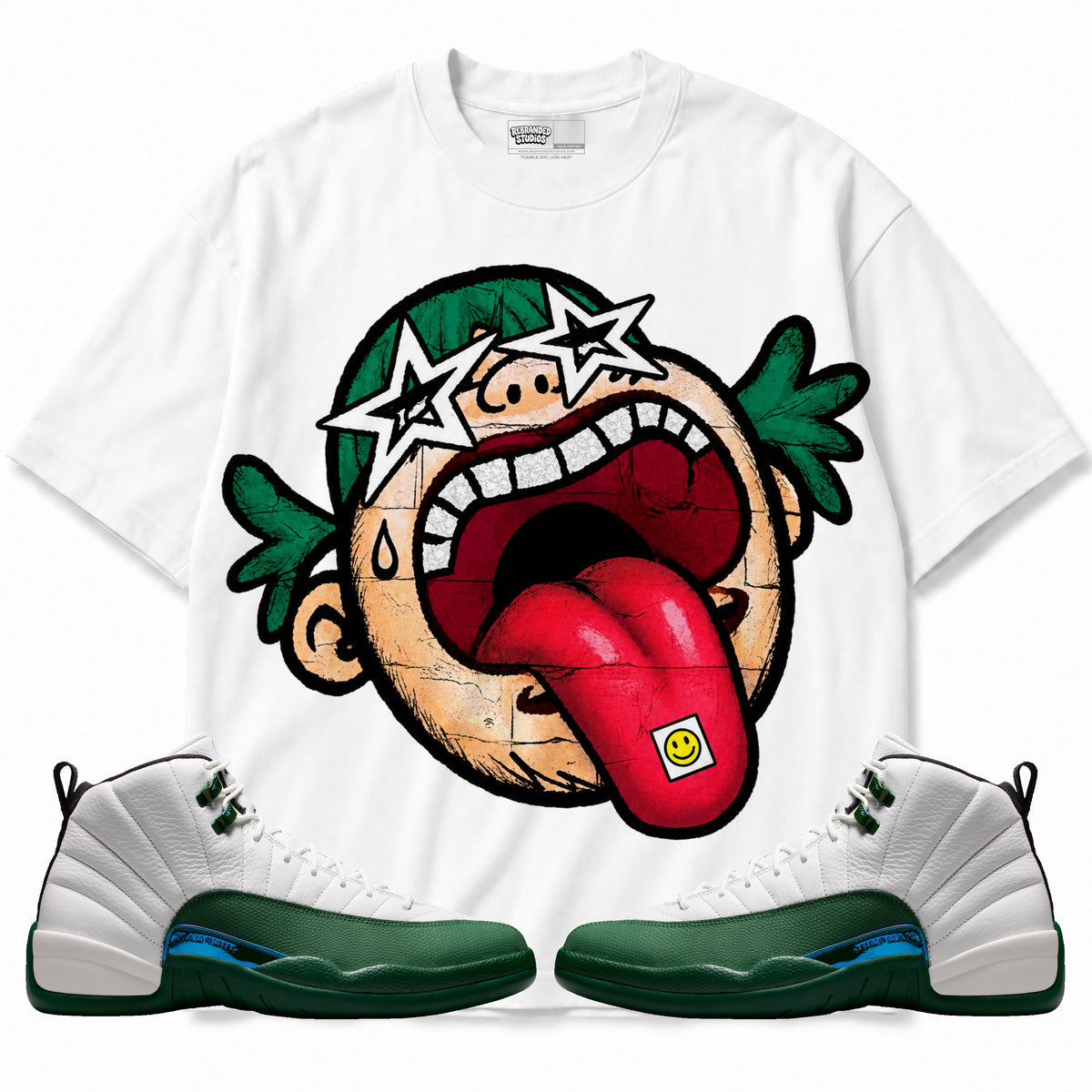 Rebranded Studios Free World Air Jordan 12 Bucks Graphic T-Shirt with matching sneakers