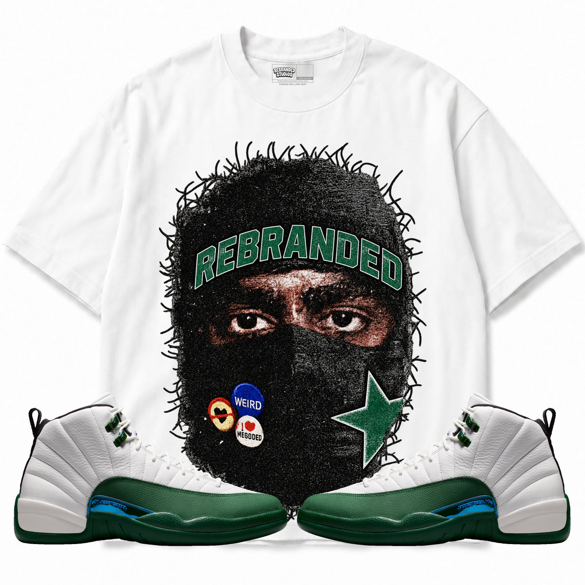 Rebranded Studios Sheisty Up Air Jordan 12 Bucks Graphic T-Shirt with matching sneakers