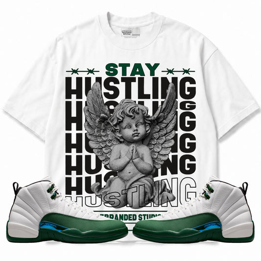 Rebranded Studios Stay Hustling Air Jordan 12 Bucks Graphic T-Shirt with matching sneakers