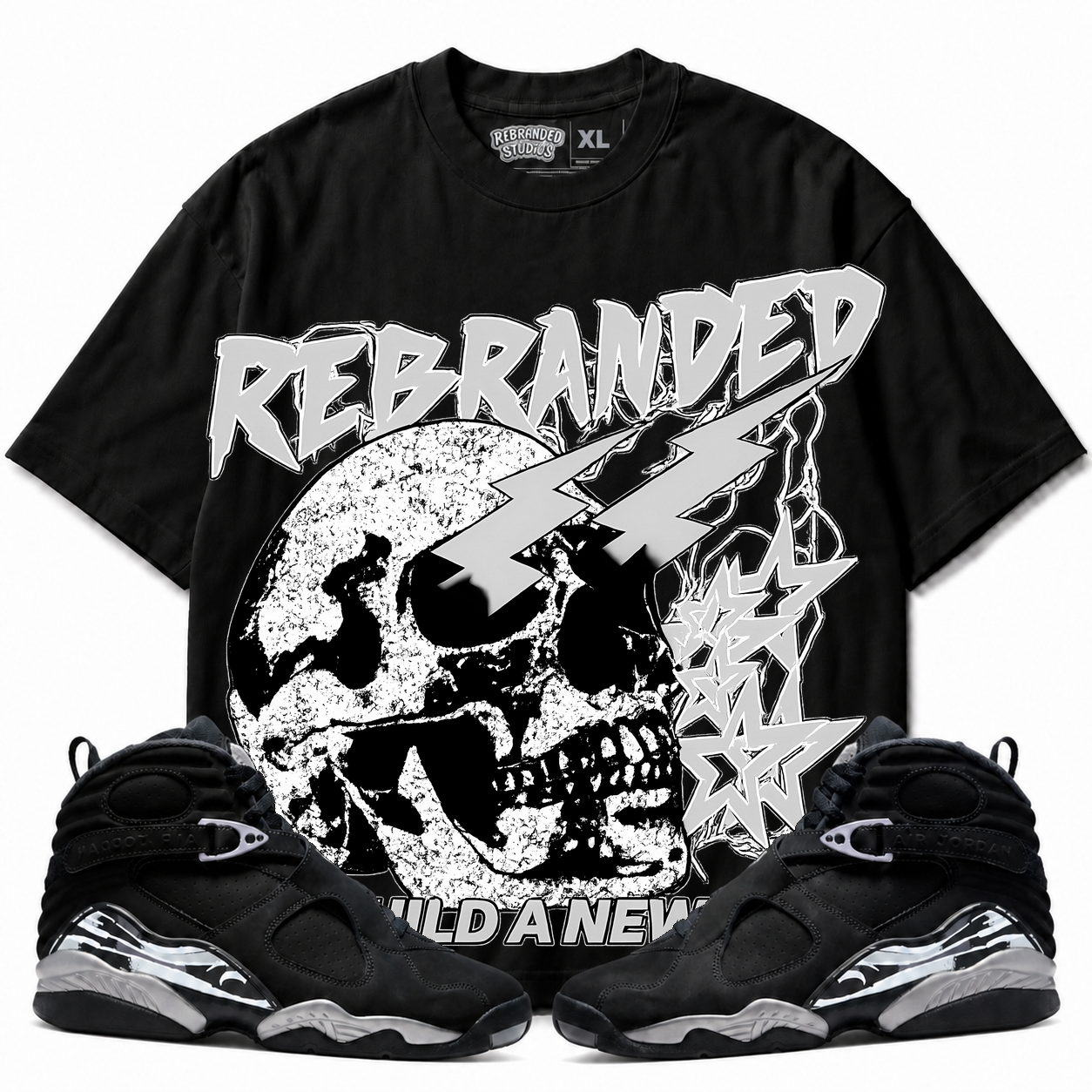 Rebranded Studios Build A New You Air Jordan 8 Chrome Graphic T-Shirt with matching sneakers