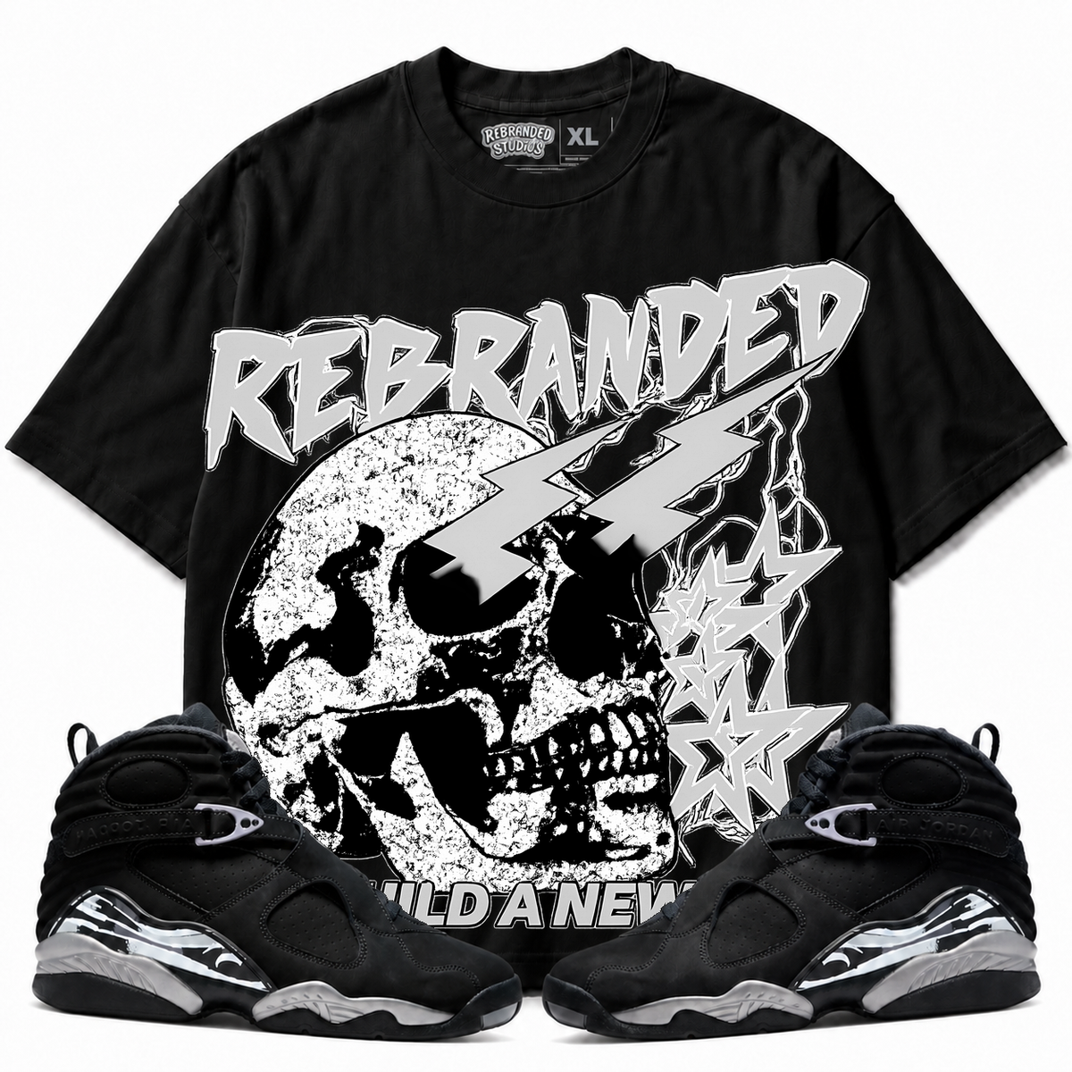 Rebranded Studios Build A New You Air Jordan 8 Chrome Graphic T-Shirt with matching sneakers