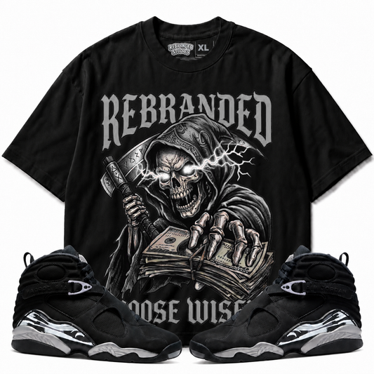 Rebranded Studios Choose Wisely Air Jordan 8 Chrome Graphic T-Shirt with matching sneakers