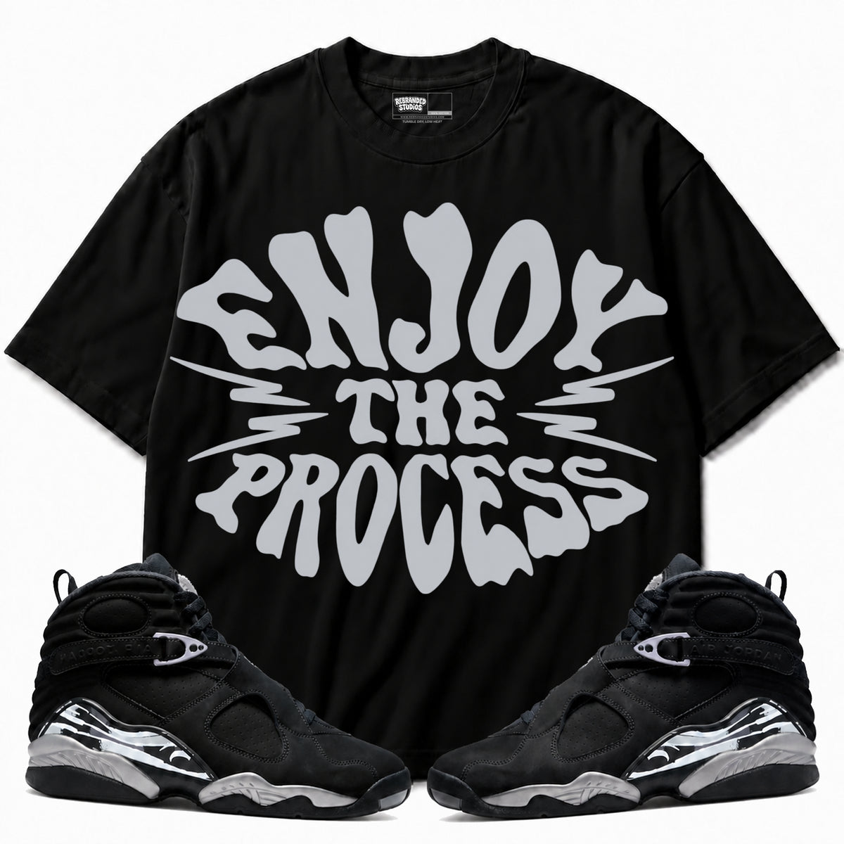 Rebranded Studios Enjoy The Process Air Jordan 8 Chrome Graphic T-Shirt with matching sneakers