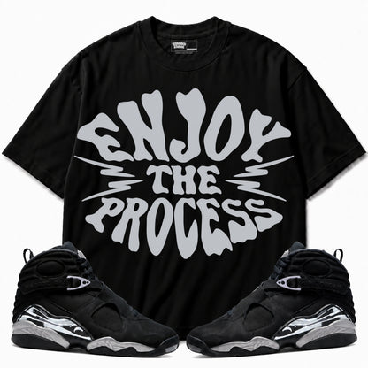 Rebranded Studios Enjoy The Process Air Jordan 8 Chrome Graphic T-Shirt with matching sneakers