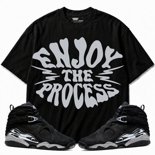 Rebranded Studios Enjoy The Process Air Jordan 8 Chrome Graphic T-Shirt with matching sneakers