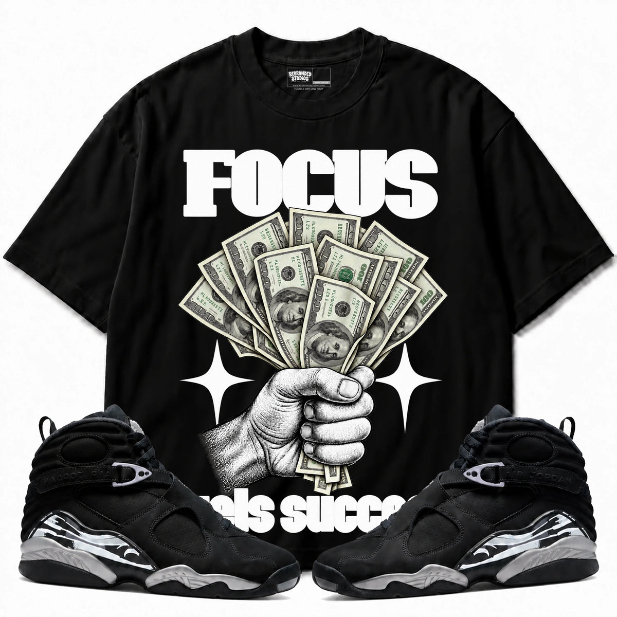 Rebranded Studios Focus Fuels Success Air Jordan 8 Chrome Graphic T-Shirt with matching sneakers