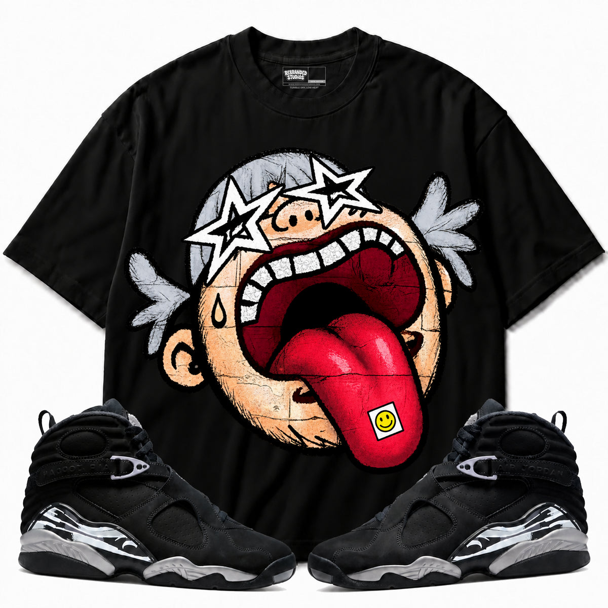 Rebranded Studios Free World Air Jordan 8 Chrome Graphic T-Shirt with matching sneakers