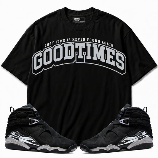 Rebranded Studios Good Times Air Jordan 8 Chrome Graphic T-Shirt with matching sneakers
