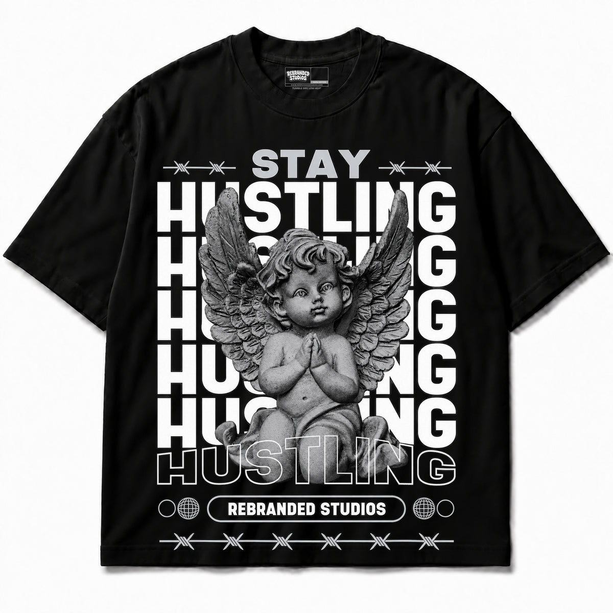 Rebranded Studios Stay Hustling T-shirt - neutral print - front without sneakers