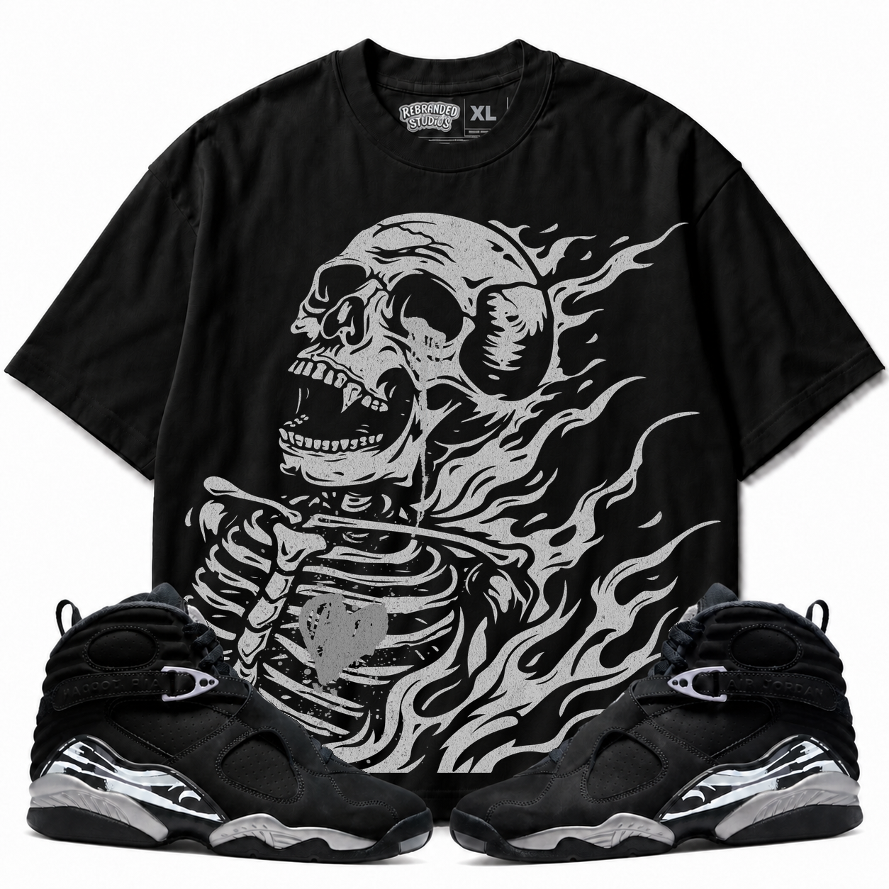 Rebranded Studios Club Air Jordan 8 Chrome Graphic T-Shirt - front view with Air Jordan 8 Chrome sneakers