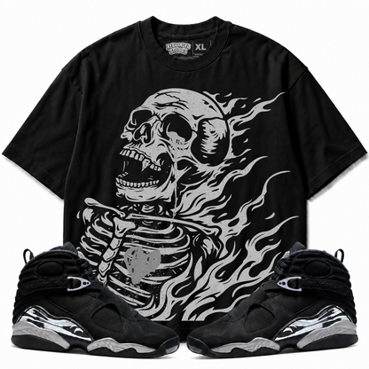 Rebranded Studios Club Air Jordan 8 Chrome Graphic T-Shirt - front view with Air Jordan 8 Chrome sneakers
